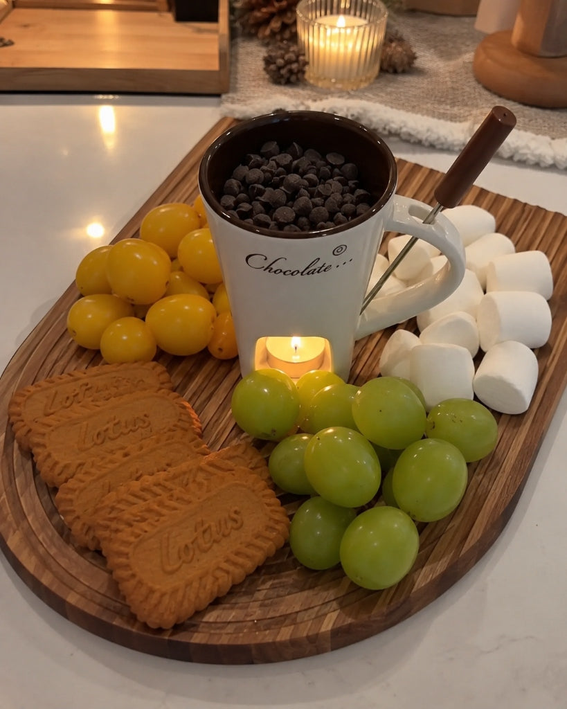 Customer review with Lotus biscuits and fruit platter